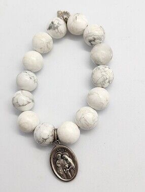 Vintage Italian Holy Family White Howlite Rosary Stretch Bracelet 12mm Bead